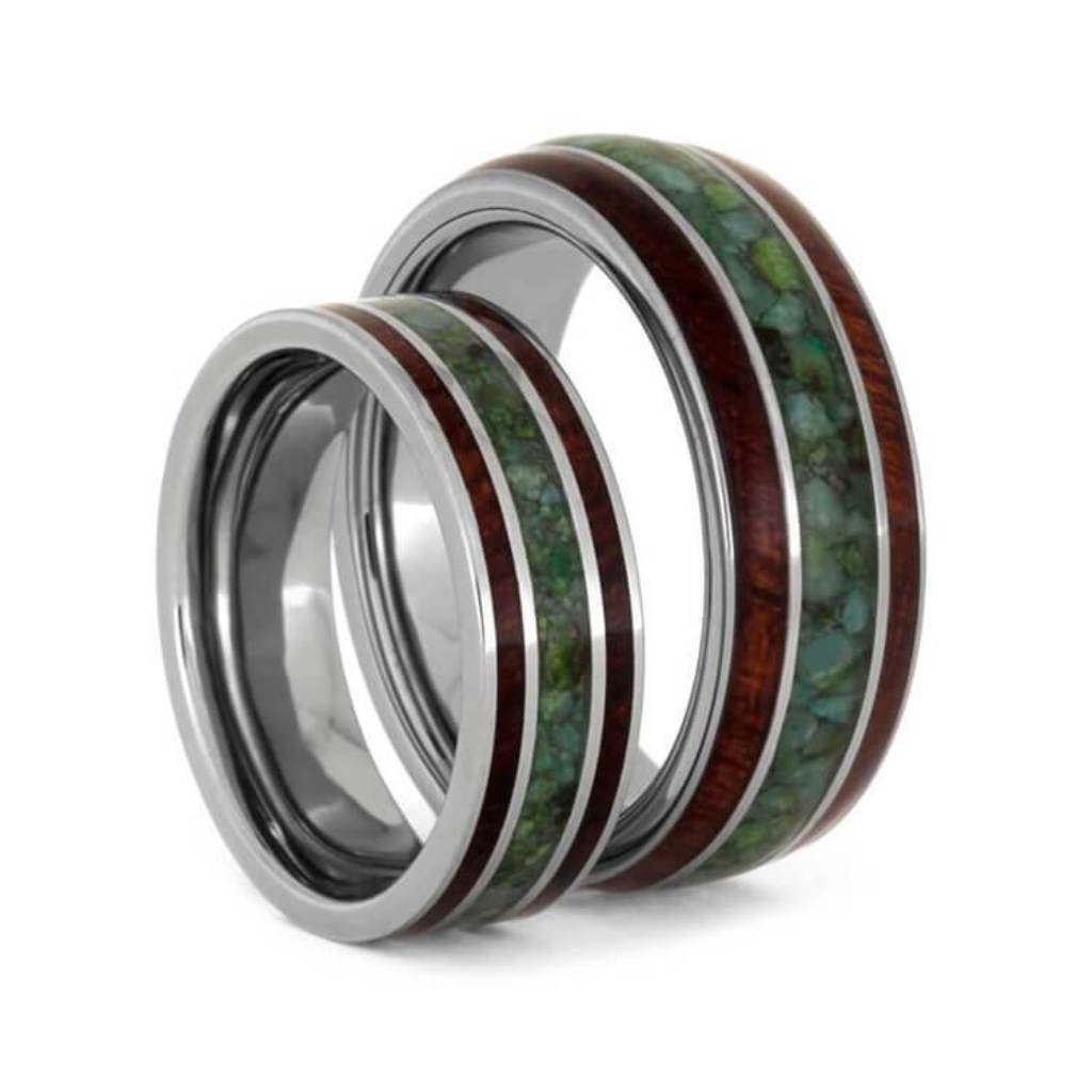 Chrysocolla Wedding Band Set With Bubinga Wood Inlays