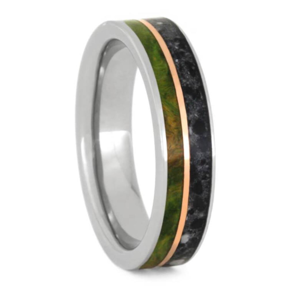 Concrete,Peridot Box Elder Burl, Copper 5mm Comfort-Fit Titanium Wedding Band