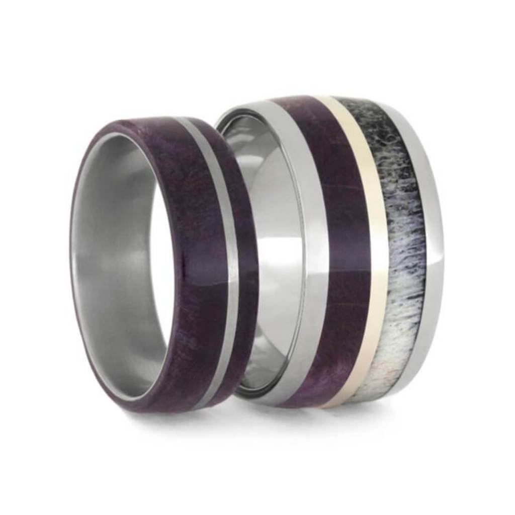 Purple Box Elder Wood, Deer Antler with 14k White Gold Comfort-Fit Titanium Couples Wedding Band Set 