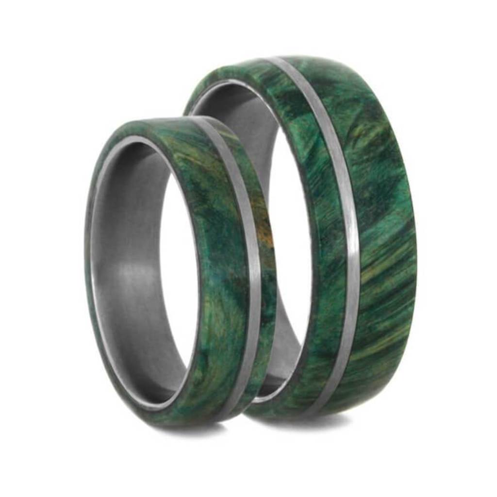 Green Wedding Band Set, Titanium Rings With Box Elder Burl