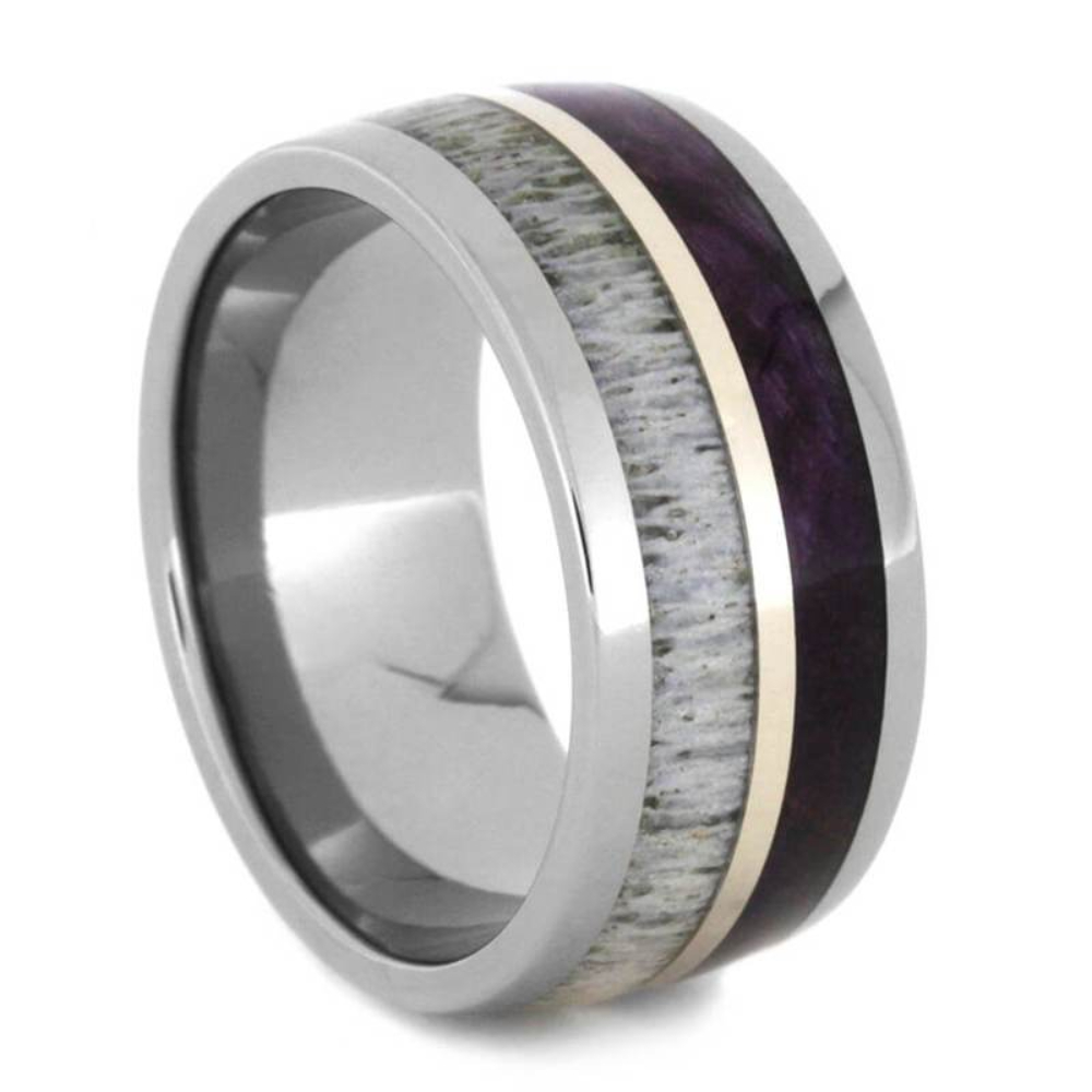 Deer Antler, Purple Box Elder Burl, 14k White Gold 10mm Titanium Comfort-Fit Wedding Band 