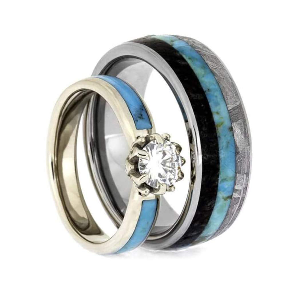 Turquoise Wedding Ring Set, Moissanite Lotus Engagement Ring With Men's Meteorite Wedding Band