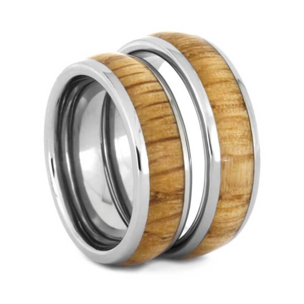 Natural Oak Wedding Band Set, His And Hers Titanium Rings