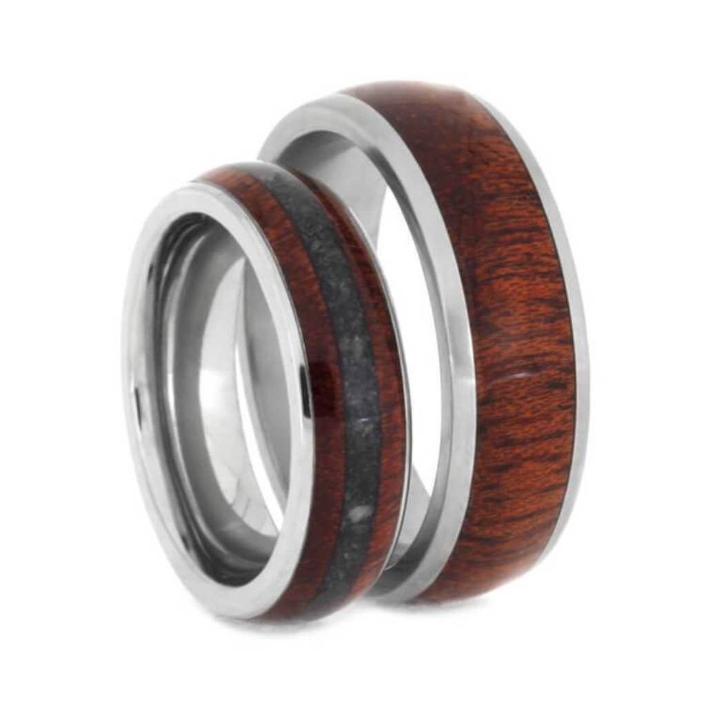 Crimson Bloodwood Ring Set, Titanium Wedding Band With Crushed Onyx