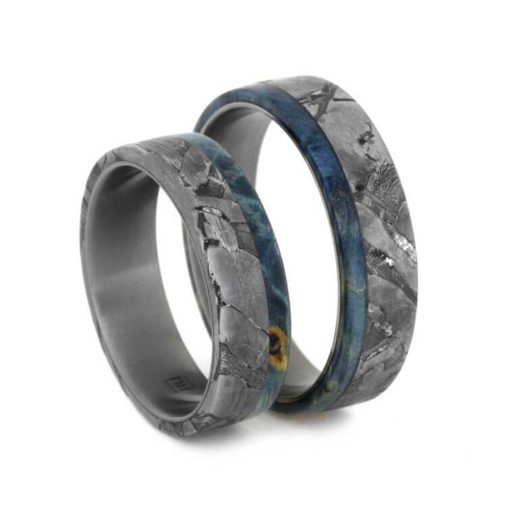 Seymchan Meteorite Rings With Blue Box Elder Burl, Titanium Wedding Band Set