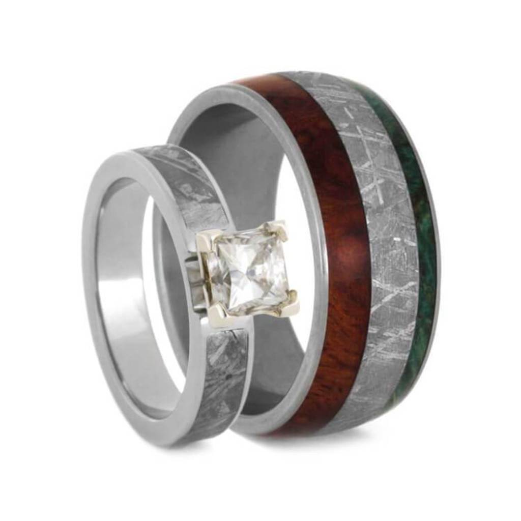 Meteorite Wedding Ring Set, Moissanite Engagement Ring With Wood Wedding Band