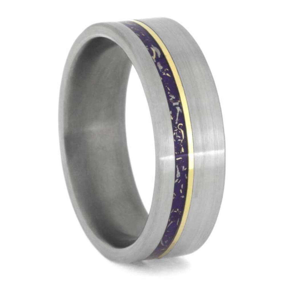 Purple Stardust With Yellow Gold Shavings, 10k Yellow Gold 7mm Comfort-Fit Brushed Titanium Wedding Band