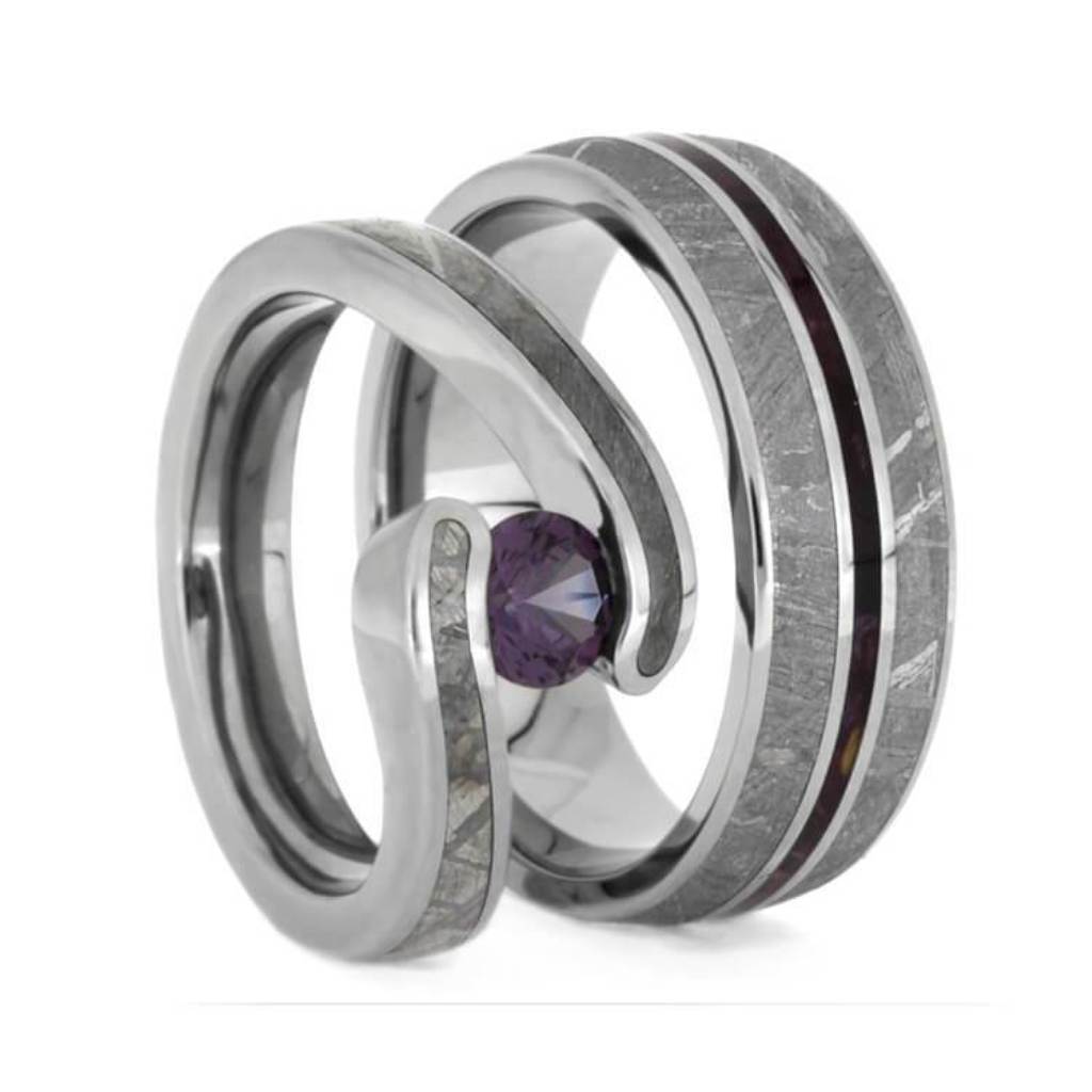 Gibeon Meteorite Wedding Ring Set, Alexandrite Engagement Ring And Purple Wood Wedding Band