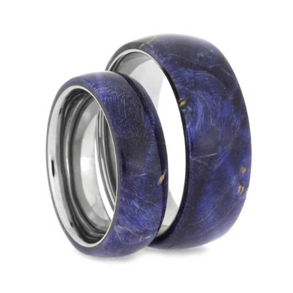 Blue Wedding Band Set, Box Elder Burl Wood Rings In Titanium