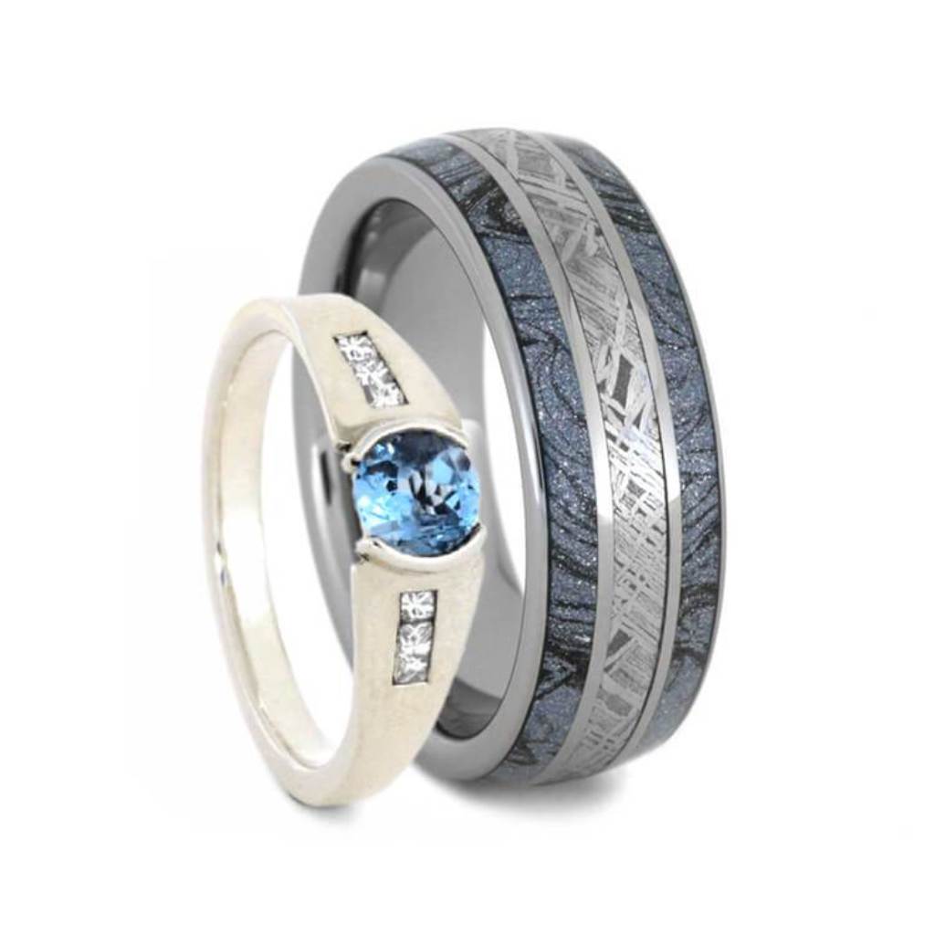 Blue Topaz, Gibeon Meteorite, Cobaltium Composite Mokume, Tungsten Comfort-Fit Sterling Silver Sleeve Couples Wedding Band Set