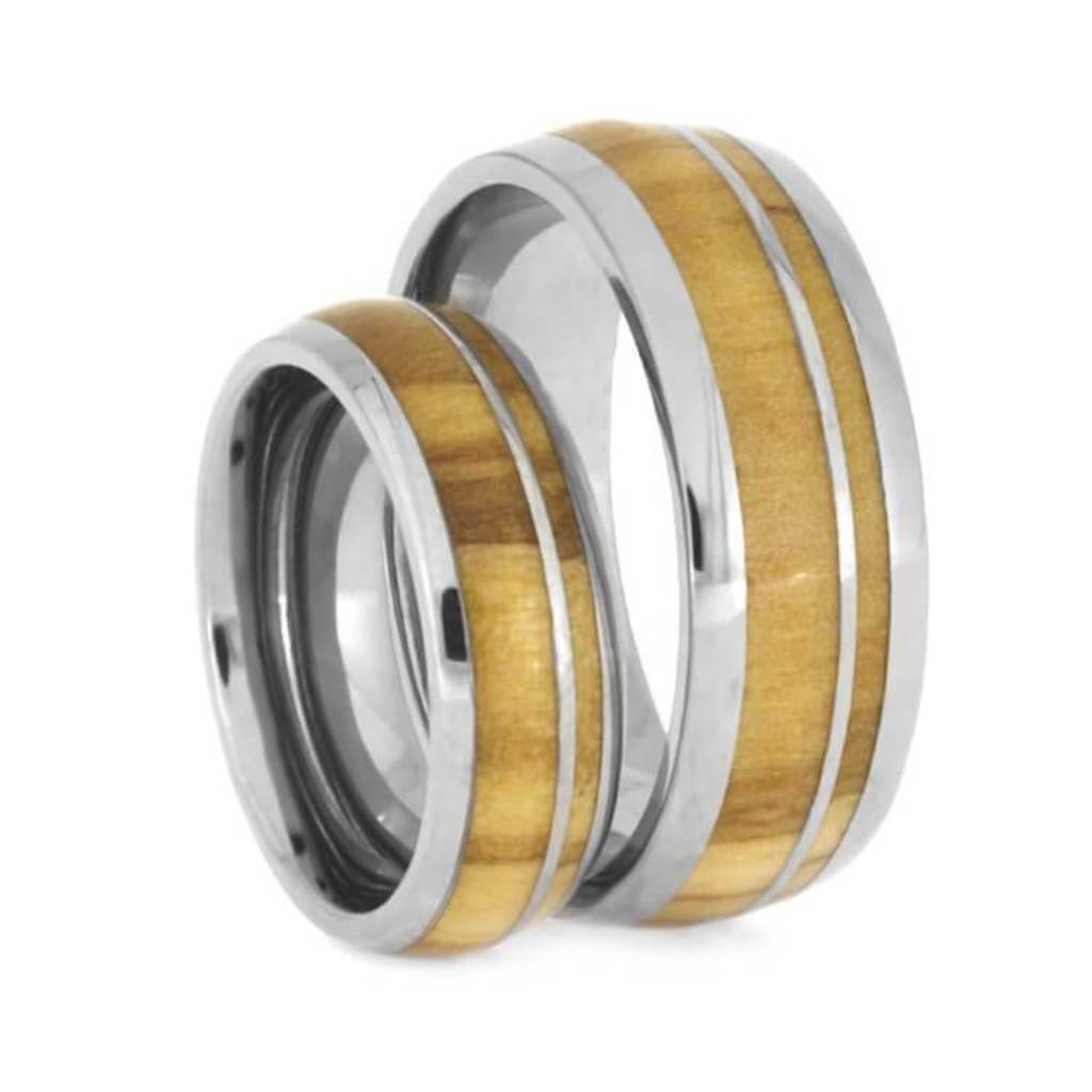 Olive Wood Comfort-Fit Titanium Couples Wedding Band Set 