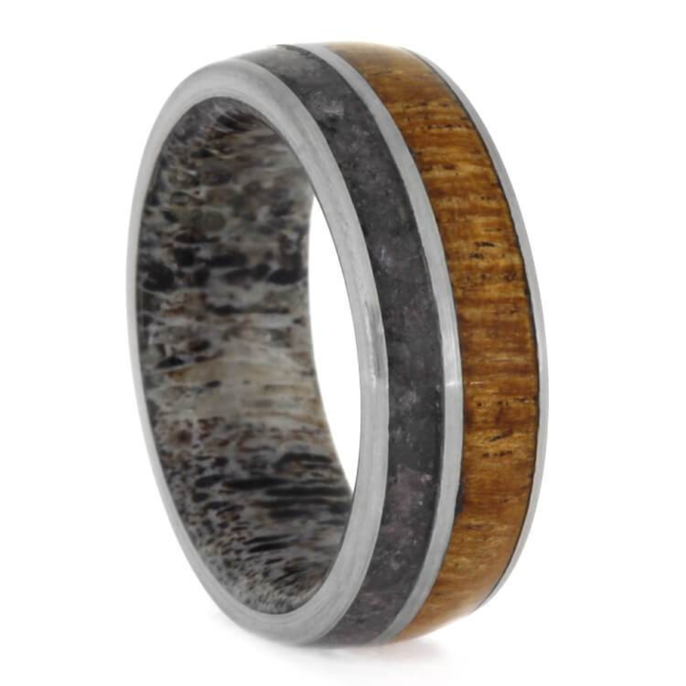 Mesquite Wood, Crushed Onyx 7mm Comfort-Fit Brushed Titanium Wedding Band