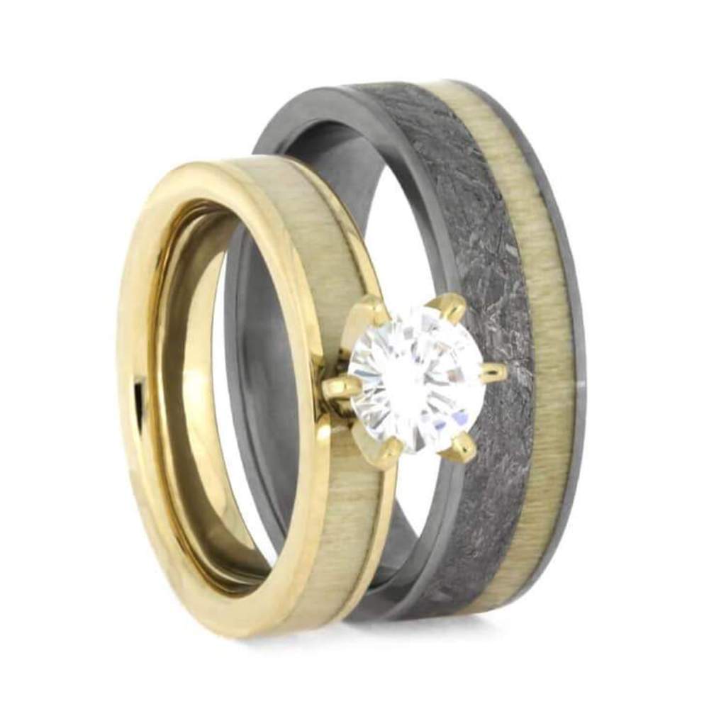 Moissanite, Diamonds, Gibeon Meteorite, Aspen Wood with 10k Yellow Gold Comfort-Fit Matte Titanium Couples Wedding Band Set 