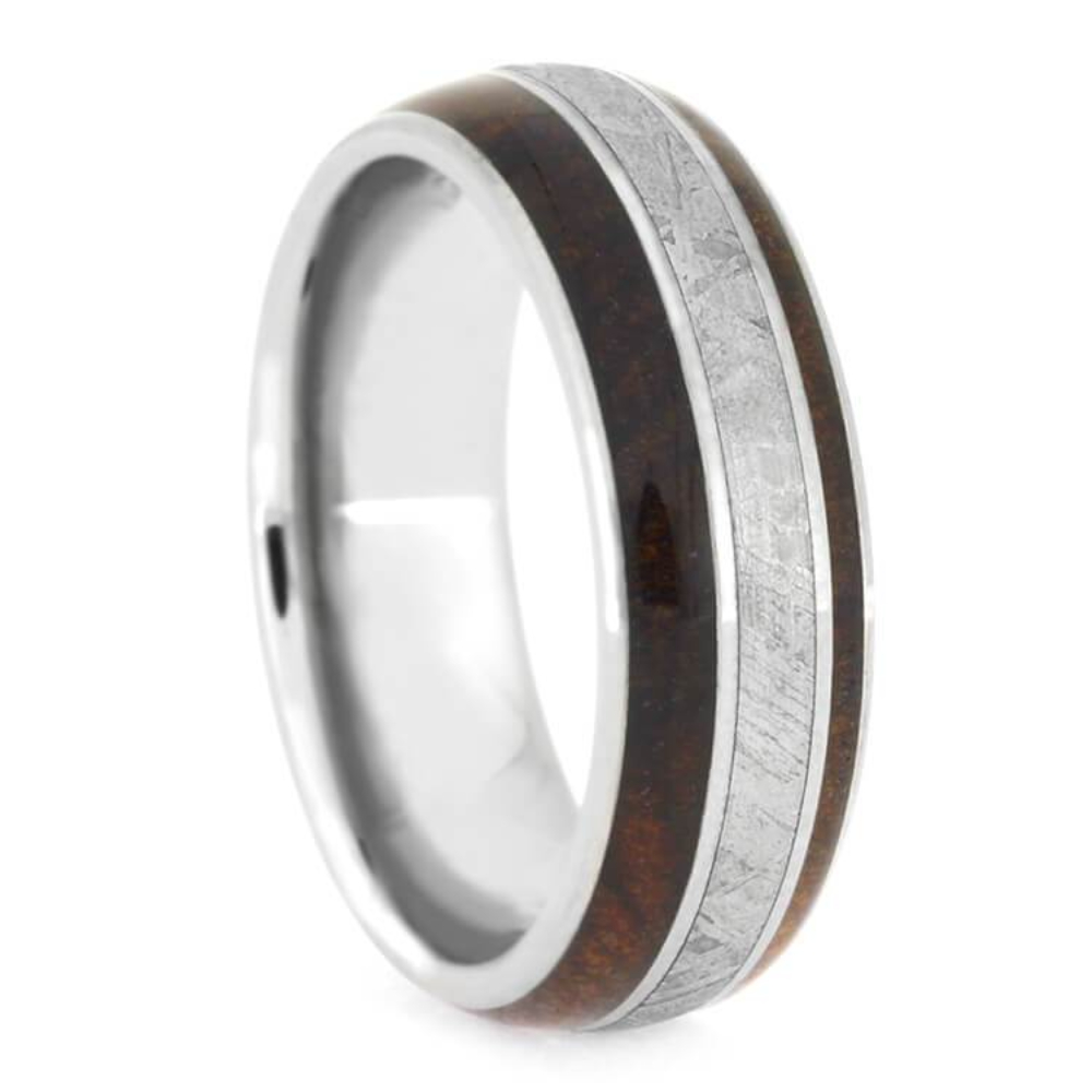 REDWOOD WEDDING BAND WITH METEORITE, TITANIUM RING, HANDMADE WOOD JEWELRY