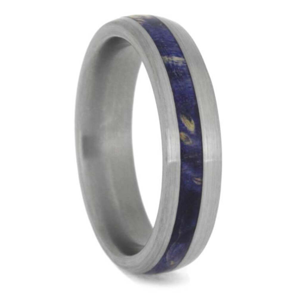 BLUE BOX ELDER BURL WOOD WEDDING BAND, BRUSHED TITANIUM RING