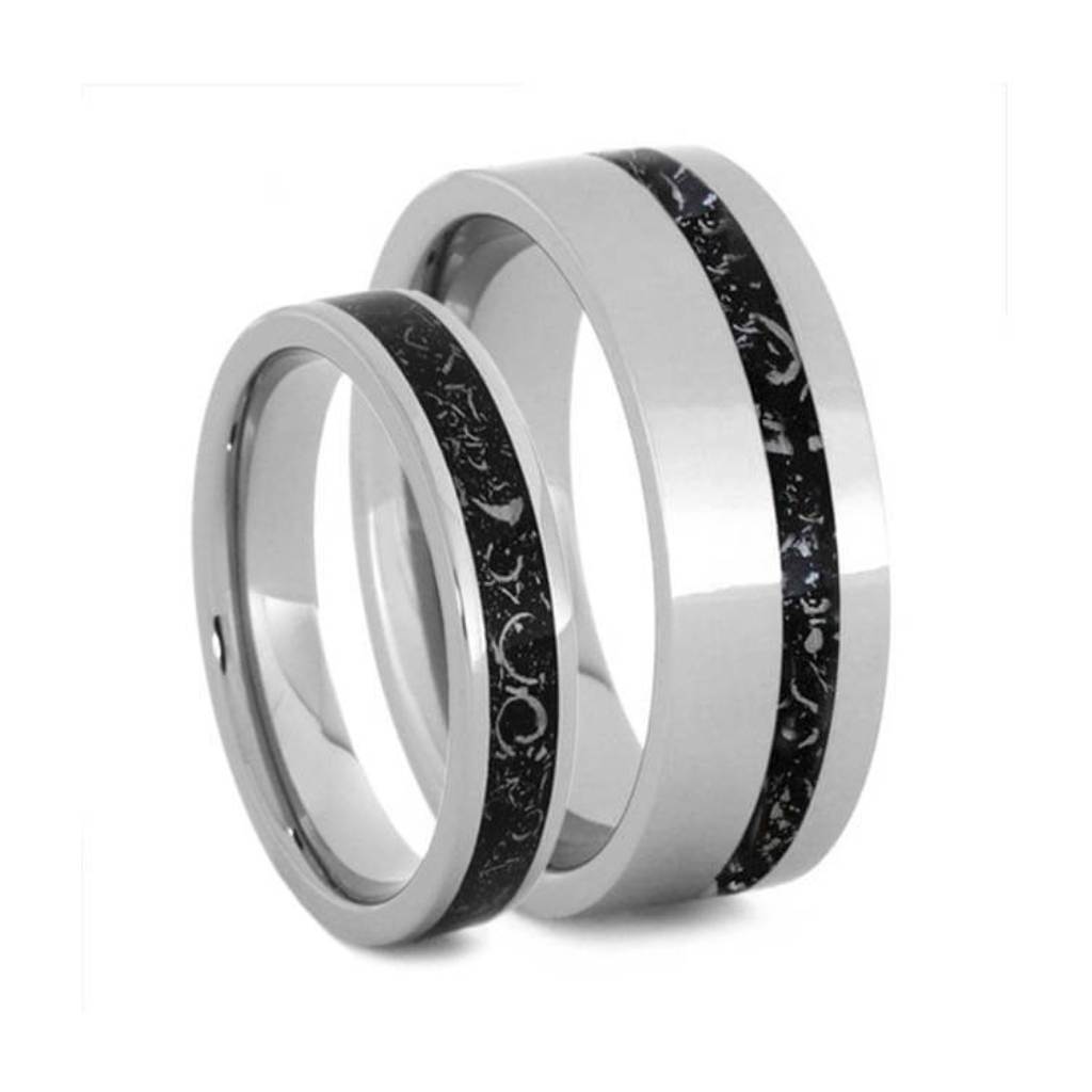 Black Stardust Band with Meteorite and Gold Comfort-Fit Titanium Couples Wedding Band Set