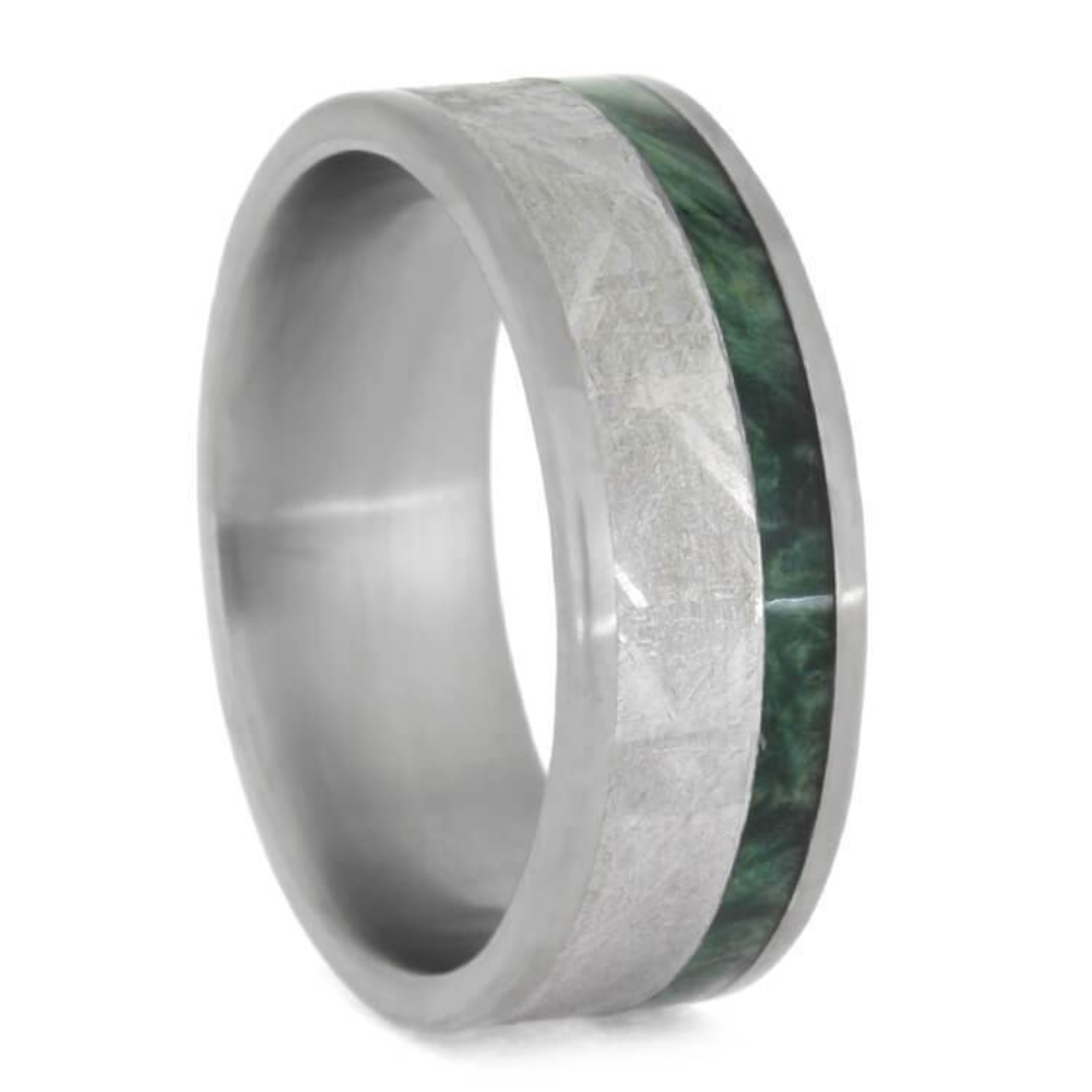 Gibeon Meteorite, Green Box Elder Burl 8mm Matte Titanium Comfort-Fit Wedding Band