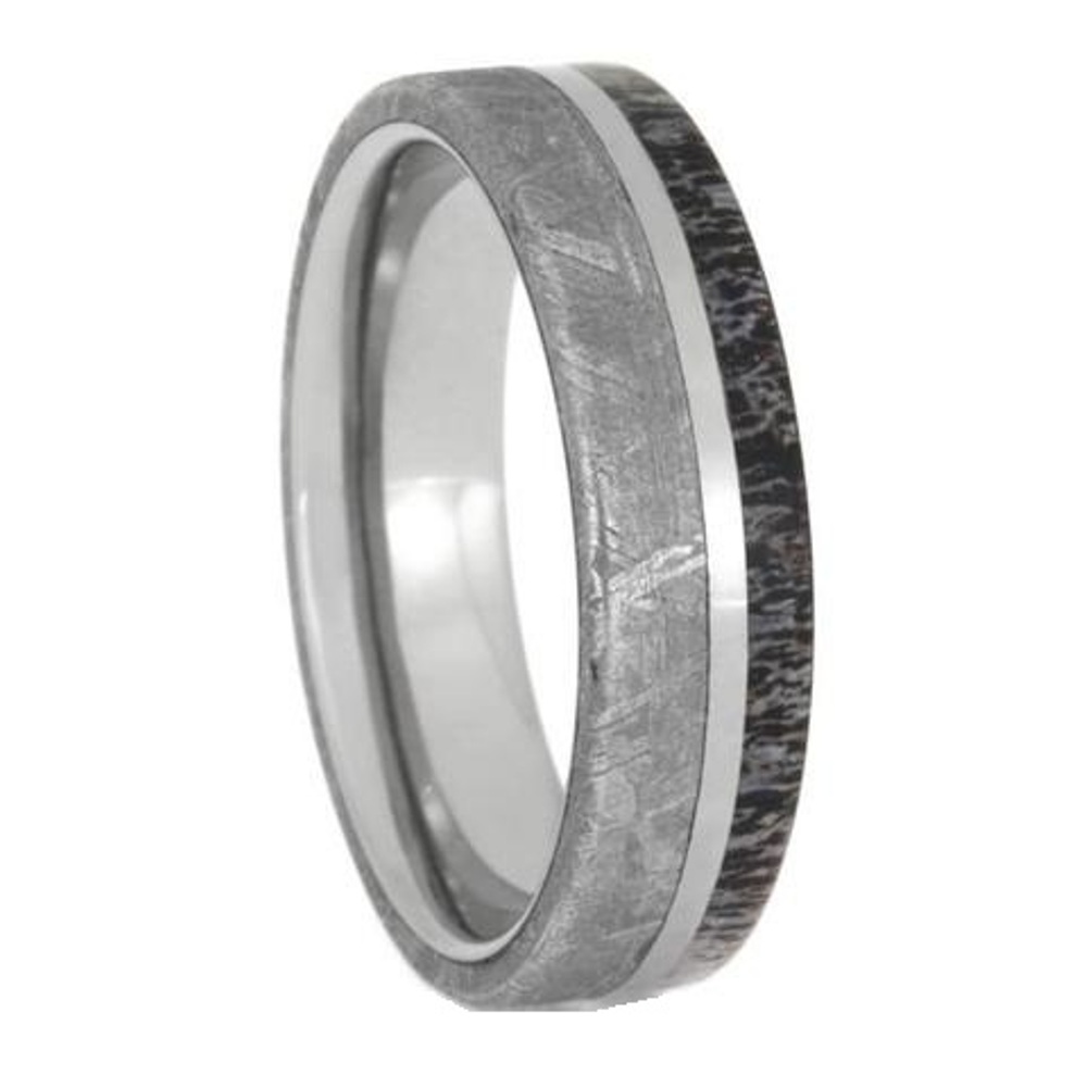 Gibeon Meteorite and Deer Antler 6mm Titanium Sleeves Wedding Flat Band 