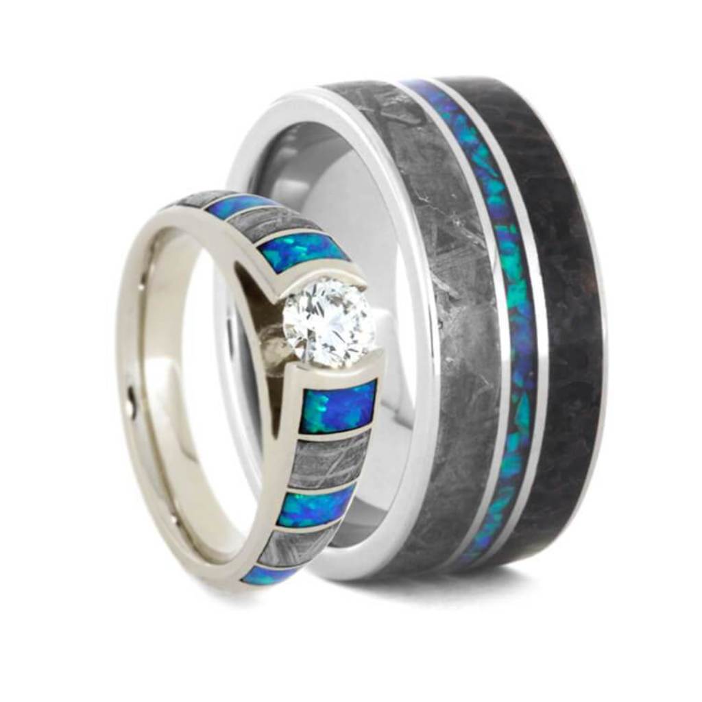 Partial Synthetic Opal, diamond, Gibeon Meteorite, Dinosaur Bone with 14k White Gold Comfort-Fit Titanium Couples Wedding Band Set 