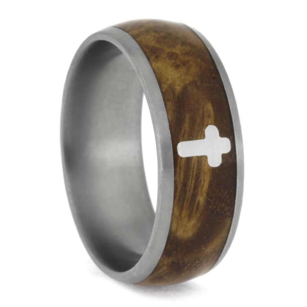   Black Ash Burl, Silver Cross Inlay 8mm Comfort-Fit Matte Titanium Wedding Band