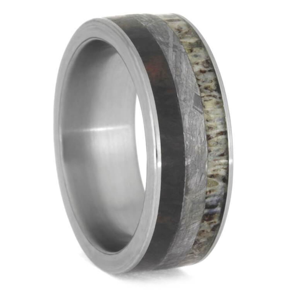 Deer Antler, Petrified Wood, Gibeon Meteorite Inlay 7mm Comfort-Fit Matte Titanium Wedding Band