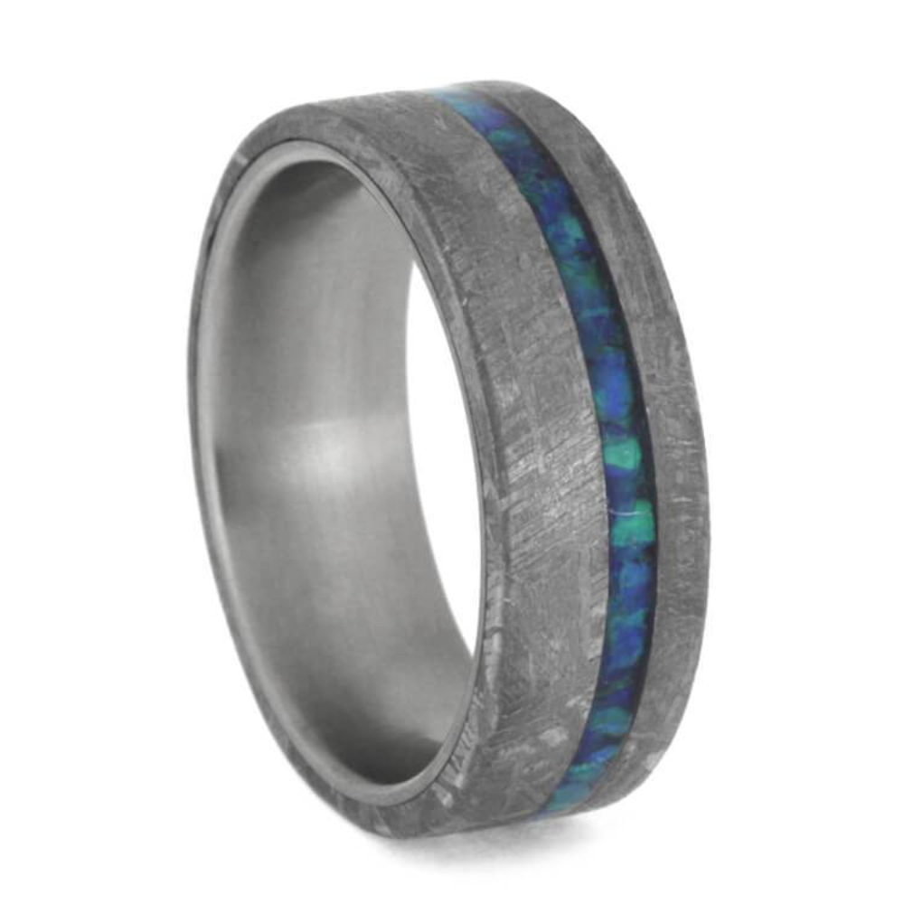 GIBEON METEORITE WEDDING BAND WITH CRUSHED OPAL STRIP, TITANIUM RING