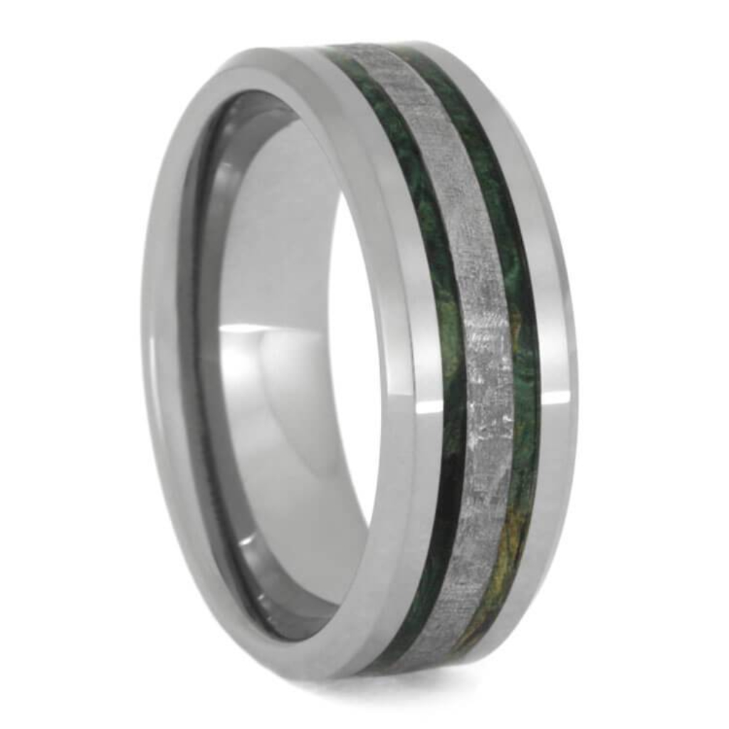 Meteorite Wedding Band, Tungsten Ring With Green Box Elder