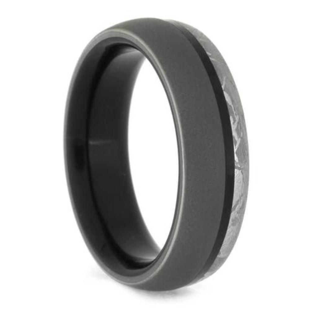 Gibeon Meteorite, Ebony Wood Sleeve 7mm Sandblasted Titanium Comfort-Fit Band