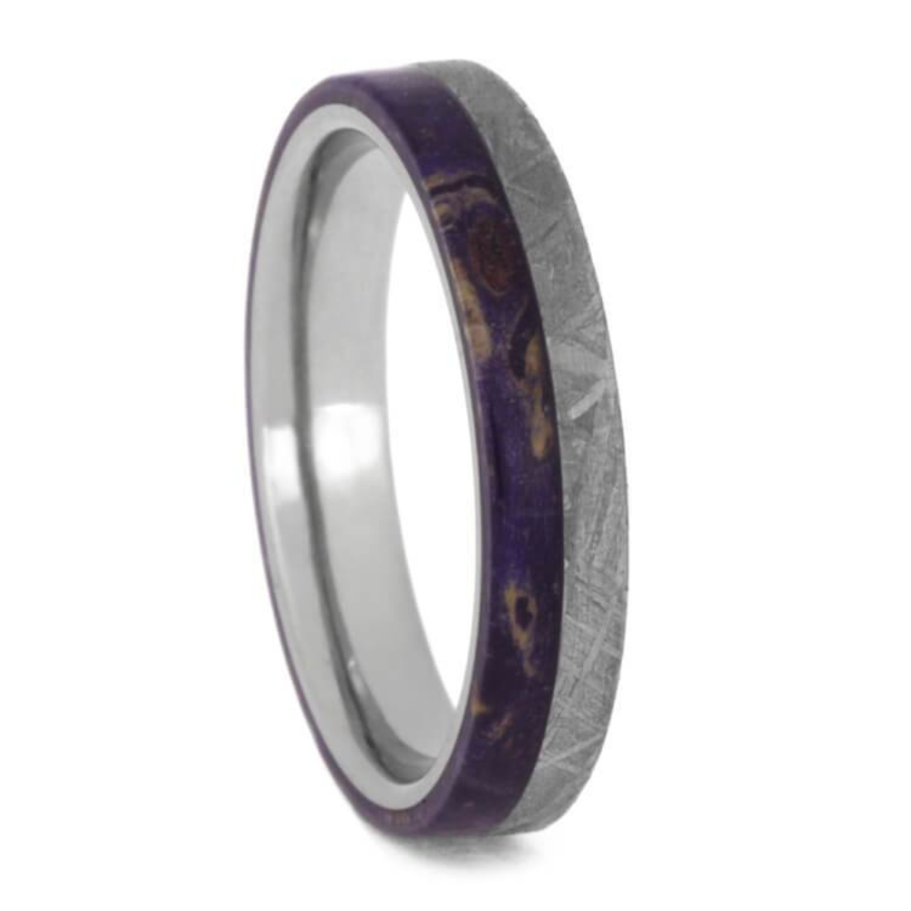 GIBEON METEORITE WEDDING BAND, PURPLE BOX ELDER BURL WOOD RING