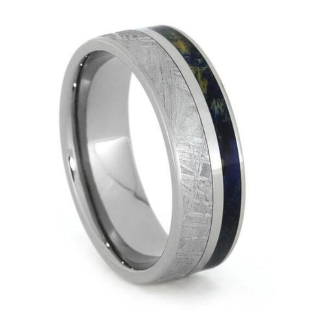 Gibeon Meteorite, Blue Box Elder Burl Wood 7mm Titanium Comfort-Fit Wedding Band