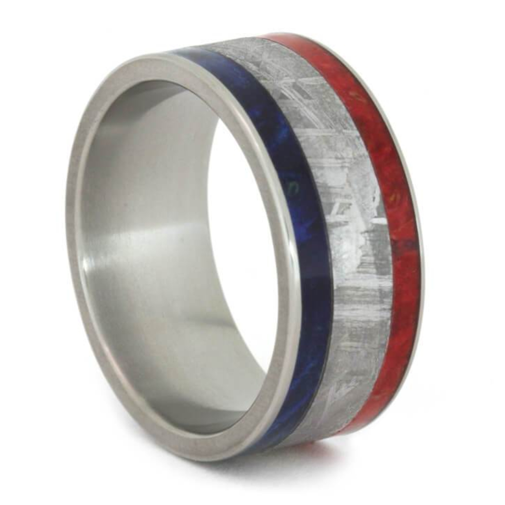 Gibeon Meteorite, Red Box Elder Burl, Blue Box Elder Burl 9mm Matte Titanium Comfort-Fit Wedding Band