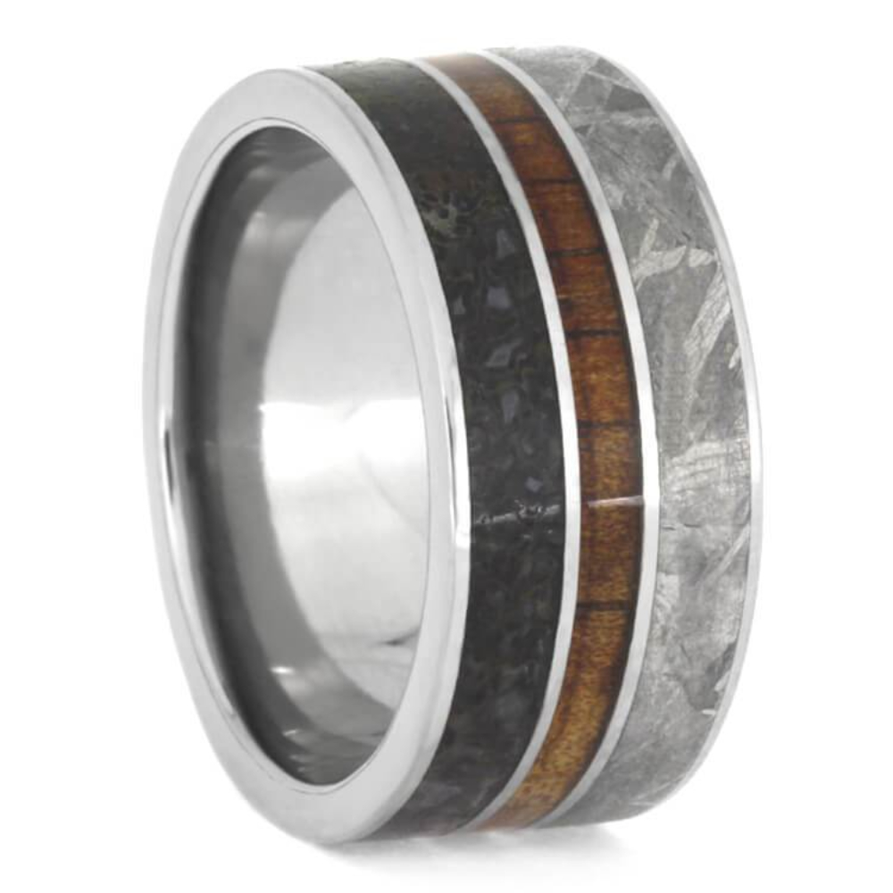 Dinosaur Bone, Gibeon Meteorite, Koa Wood 10mm Titanium Comfort-Fit Wedding Band