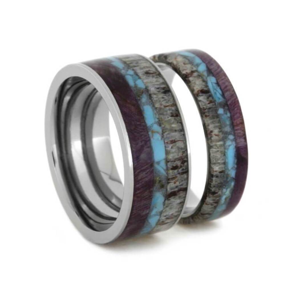  Crushed Turquoise, Deer Antler, Purple Box Elder Burl Comfort-Fit Titanium Couples Wedding Band Set