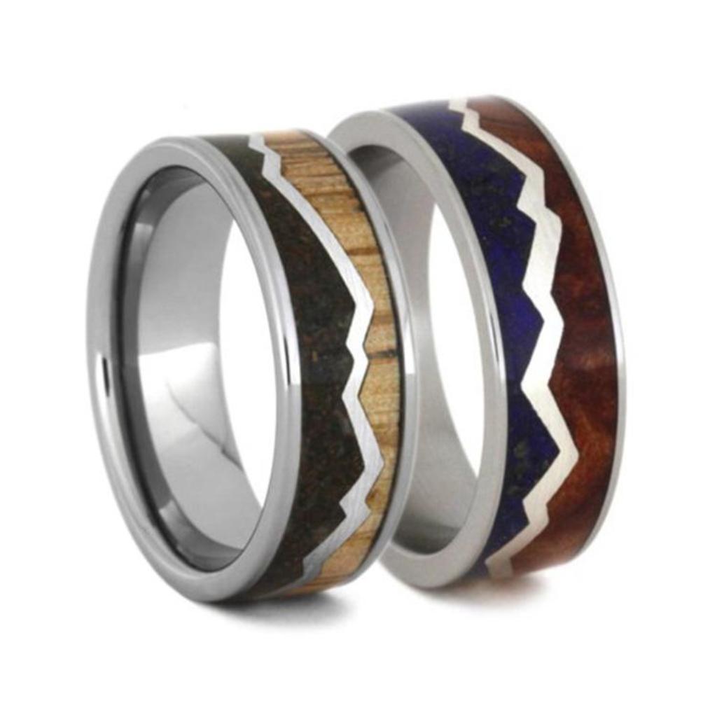 Lapis Lazuli, Red and Oak Wood, Dino Bone Comfort-Fit Titanium Couples Wedding Band Set 