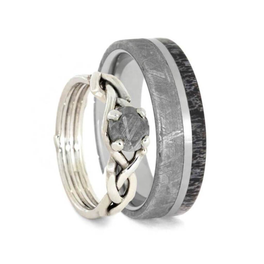 Nature Inspired Meteorite, Deer Antler with Sterling Silver Comfort-Fit Titanium Couples Wedding Band Set 