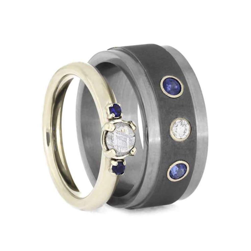 Blue Sapphire, Faceted Meteorite Sandblasted Comfort-Fit Titanium Couples Wedding Band Set