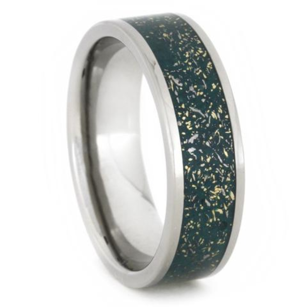 Gibeon Meteorite, Stardust, 14k Yellow Gold Shavings Inlay 7mm Titanium Comfort-Fit Band