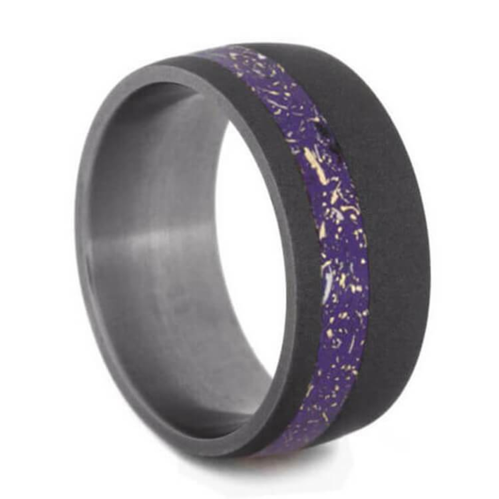 Purple Stardust With Yellow Gold Shavings, Sandblasted Titanium 9mm Comfort-Fit Sandblasted Titanium Wedding Band 