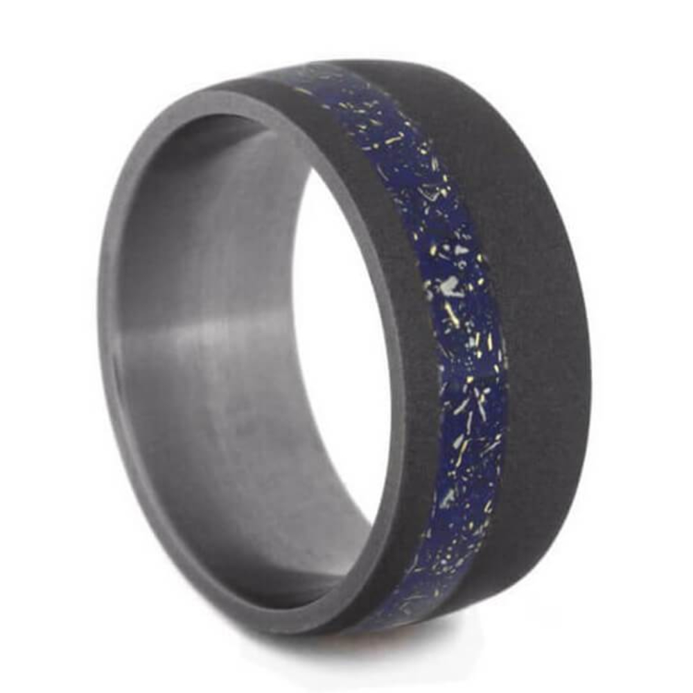 Dark Blue Stardust With Yellow Gold Flakes 9mm Comfort-Fit Sandblasted Titanium Wedding Band