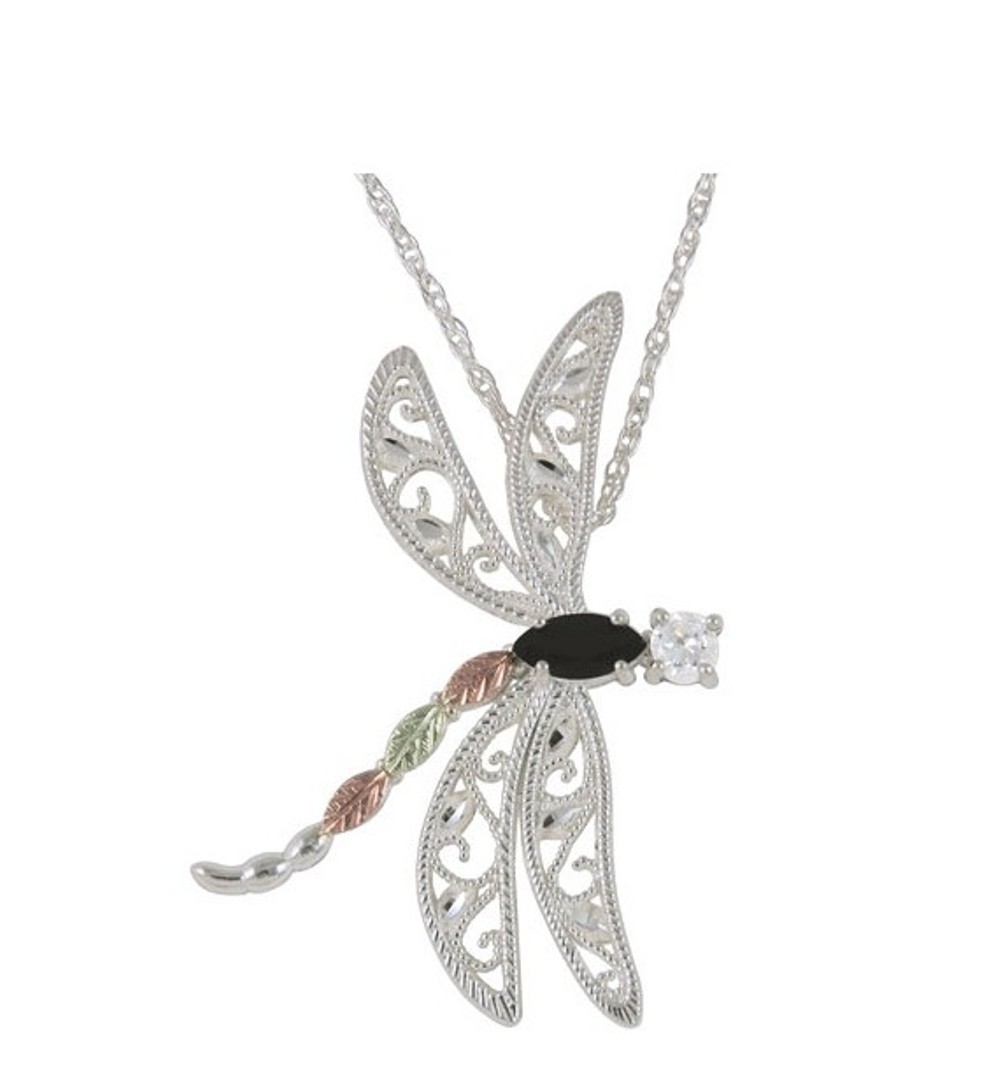 Cubic Zircon and Onyx Dragonfly Pendant Necklace