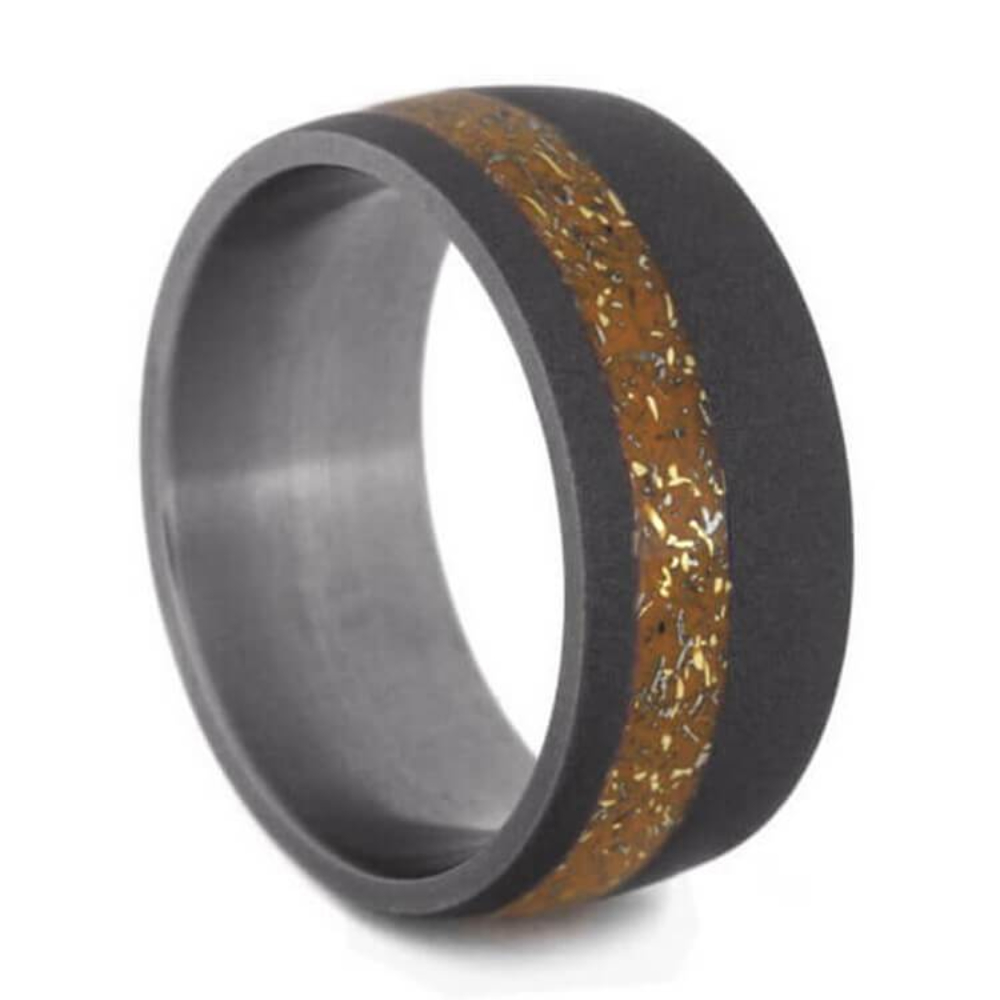 Orange Stardust With Yellow Gold Flakes 9mm Comfort-Fit Sandblasted Titanium Wedding Band