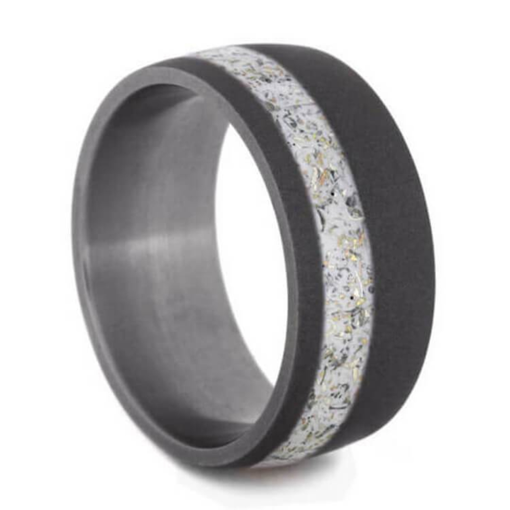 White Stardust With Yellow Gold Flecks 9mm Comfort-Fit Sandblasted Titanium Wedding Band