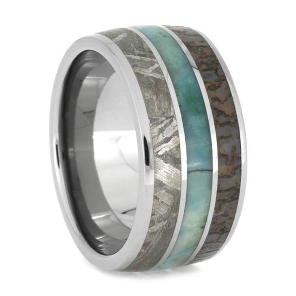 THREE BANDED METEORITE RING WITH DINOSAUR BONE AND CHRYSOCOLLA, TITANIUM WEDDING BAND