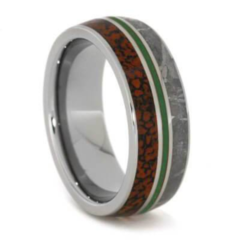 Gibeon Meteorite, Dinosaur Bone, Green Enamel 8mm Comfort-Fit Titanium Wedding Band