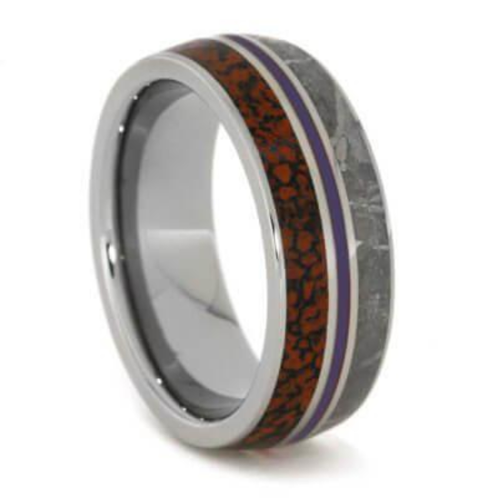 Dinosaur Bone, Gibeon Meteorite with Purple Enamel Pinstripe 8mm Titanium Comfort-Fit Band