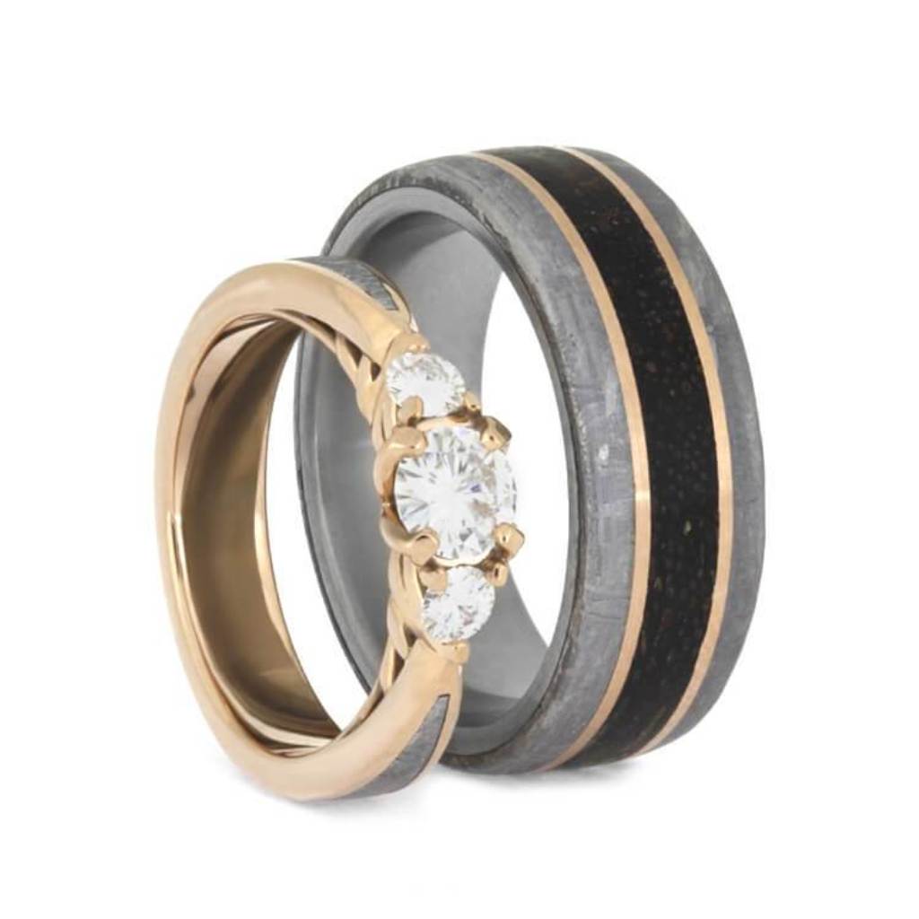 Meteorite Wedding Rings, Rose Gold Ring Set With Dinosaur Bone And Meteorite