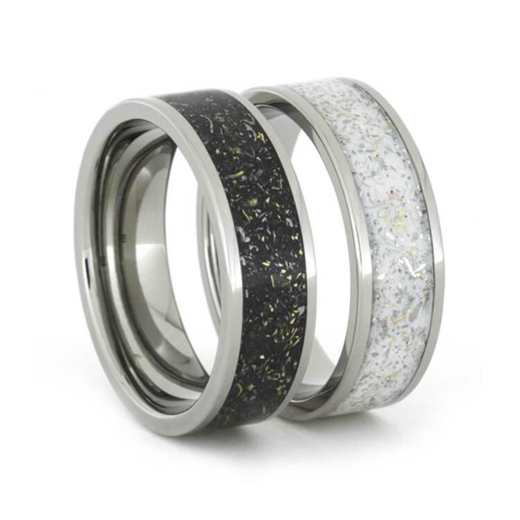 Gibeon Meteorite, Black and White Stardust With Yellow Gold Shavings Comfort-Fit Titanium  Couples Wedding Band Set