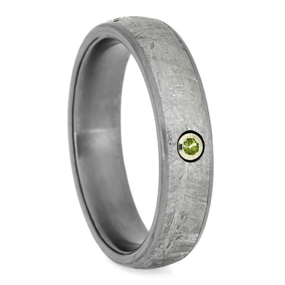  GIBEON METEORITE WEDDING RING WITH PERIDOT GEMSTONE, TITANIUM WEDDING BAND