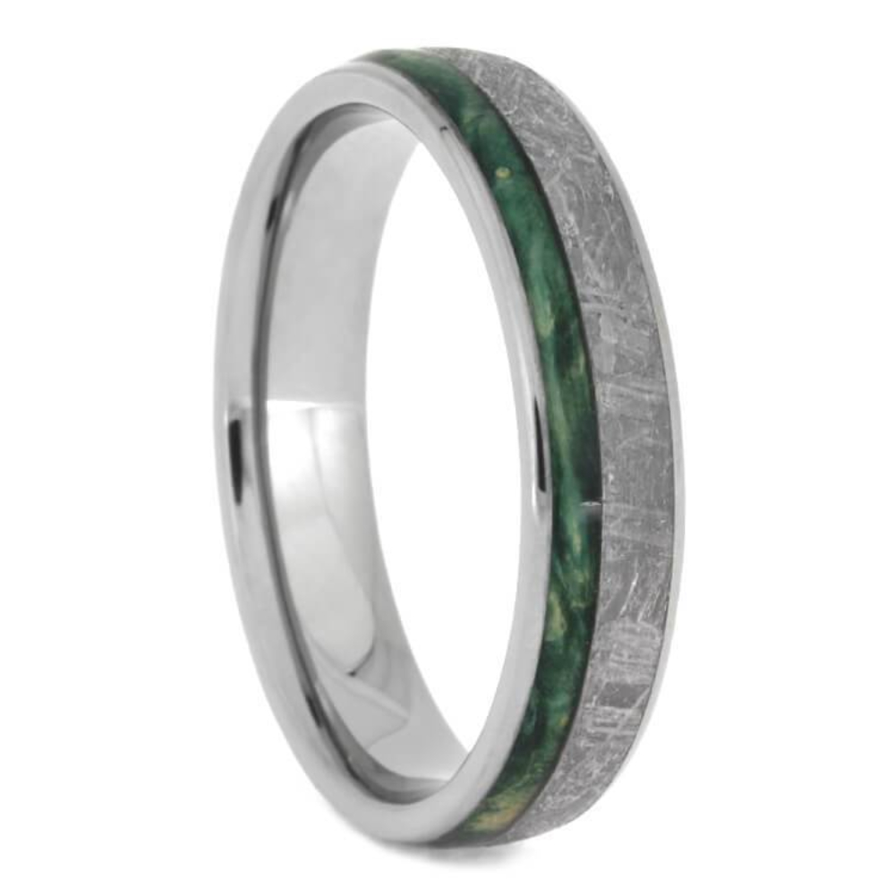 GREEN WOOD METEORITE RING, TITANIUM WEDDING BAND WITH BOX ELDER BURL