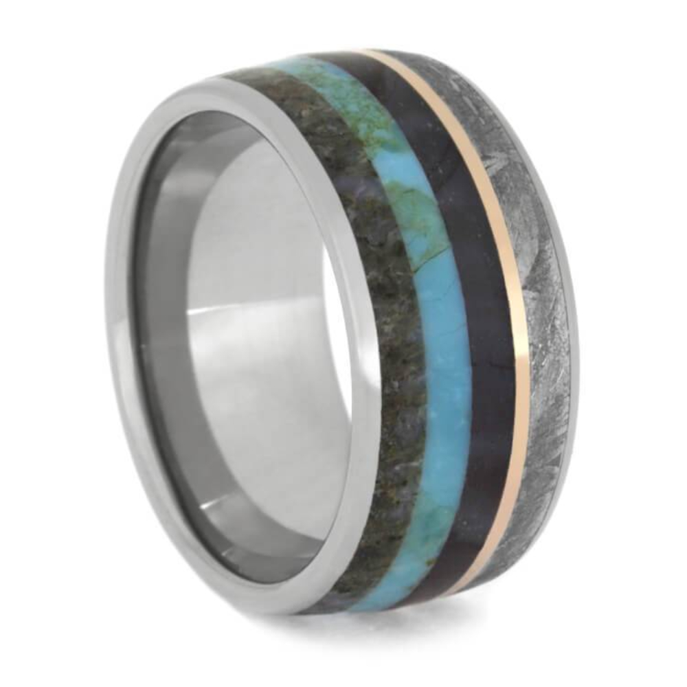 Dinosaur Bone, Gibeon Meteorite, Turquoise with 14k Rose Gold 10mm Comfort-Fit Titanium Wedding Band